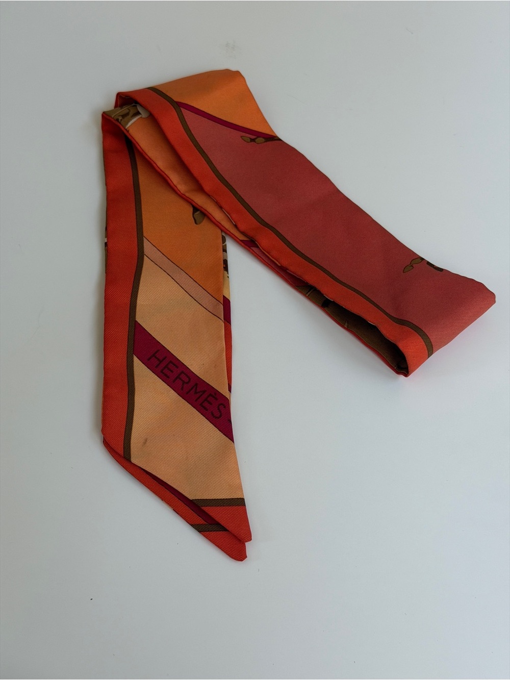 Hermes Orange & Pink Equestrian Twilly Scarf - Picture 2 of 3
